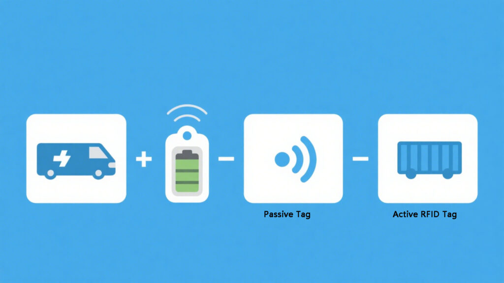  Passive tag powered by reader signal, active tag with internal battery sending signals
