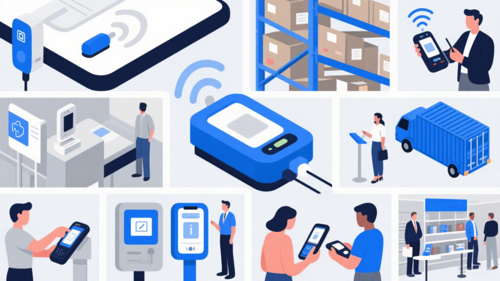 RFID reader applications: warehouse inventory, retail theft prevention, conference/event check-in, industrial inspection, vehicle/container tracking