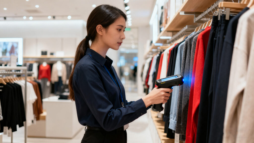 retail staff member using a handheld RFID reader to check inventory on clothing racks