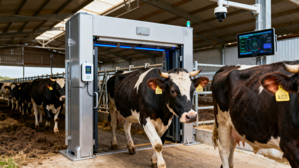 Cattle walking through automated feeding gate equipped with RFID readers.