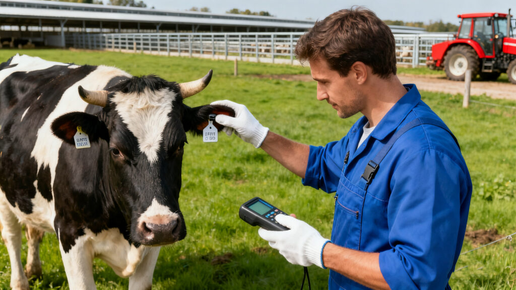 Farm worker scanning cows ear tag with an RFID reader