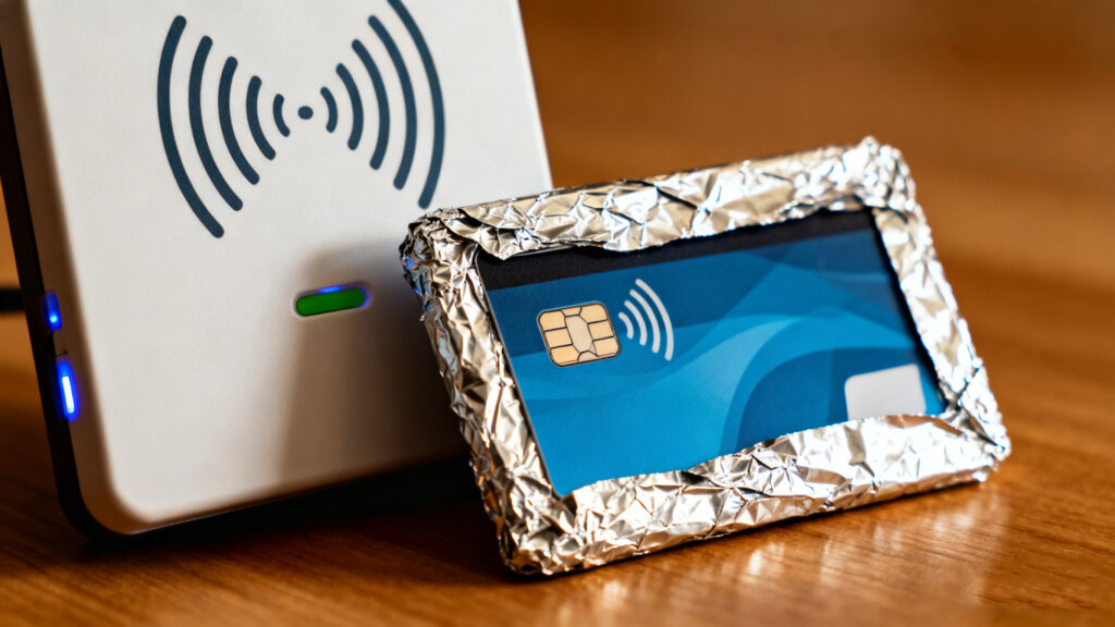 RFID card wrapped in aluminum foil