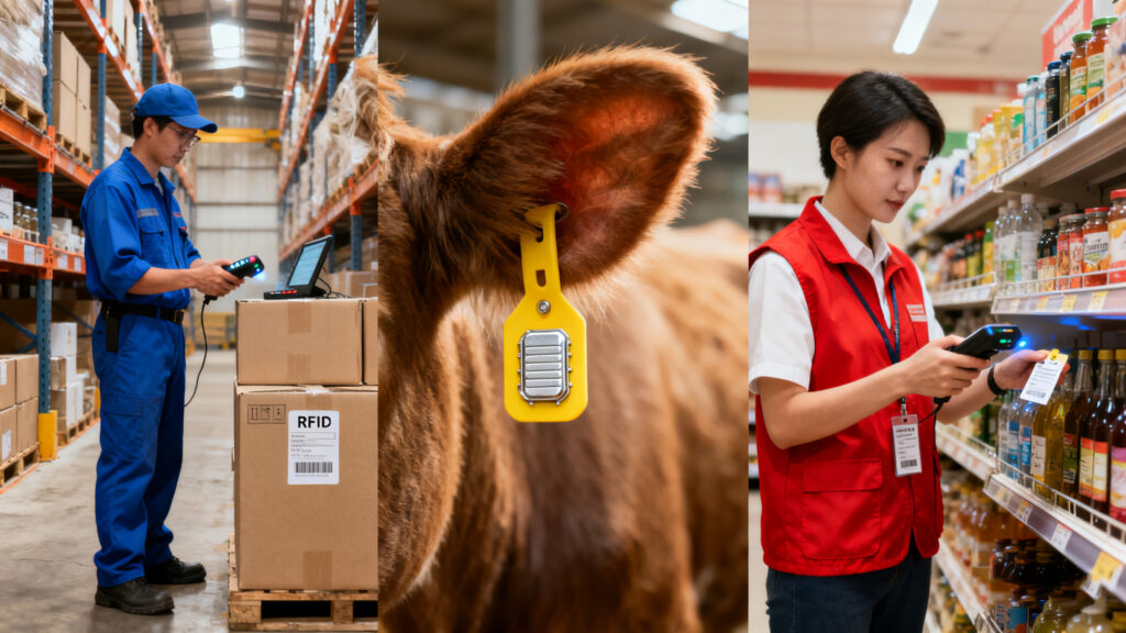 RFID programmer being used in warehouse, tags on boxes