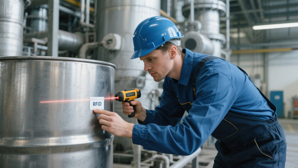 Technician testing RFID tags placement on metal containers