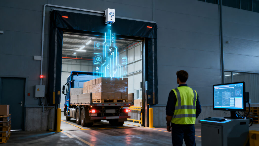 RFID Stationary Reader: When Stillness Keeps Everything Moving 2 Warehouse loading dock with an RFID stationary reader mounted above the gate