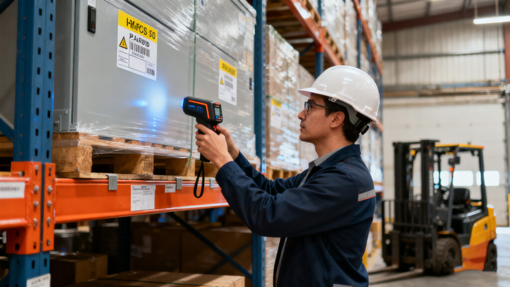 Warehouse technician holding a handheld RFID frequency detector scanning asset tags