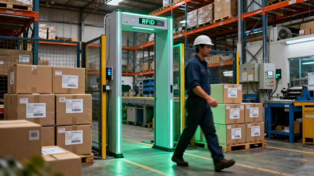 Worker walking through RFID gate