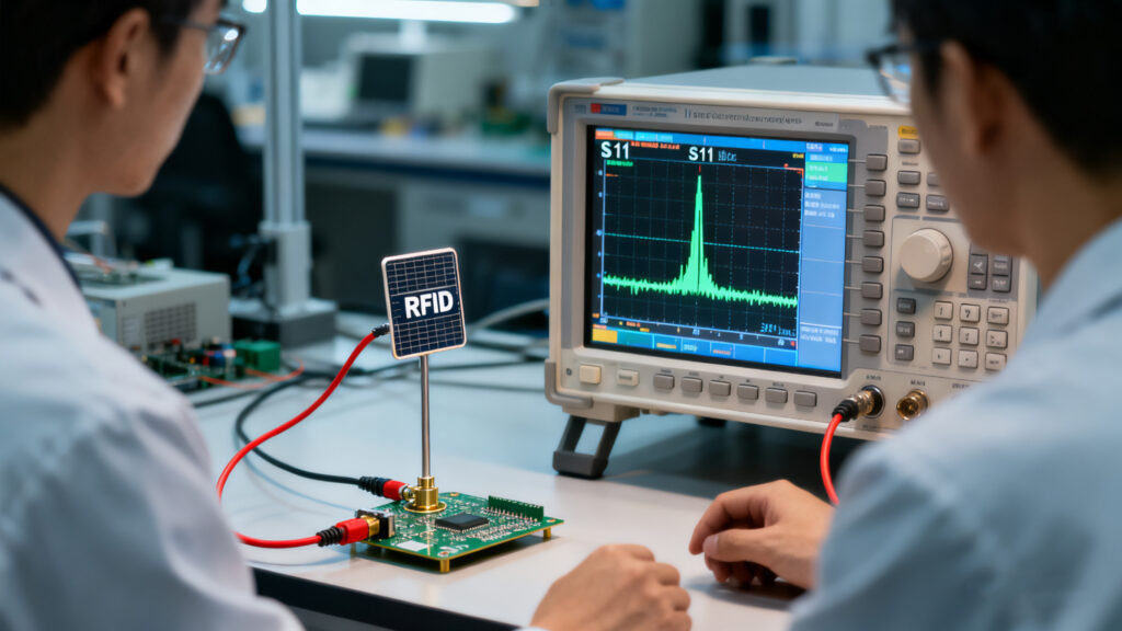 engineer tuning an RFID antenna using a vector network analyzer
