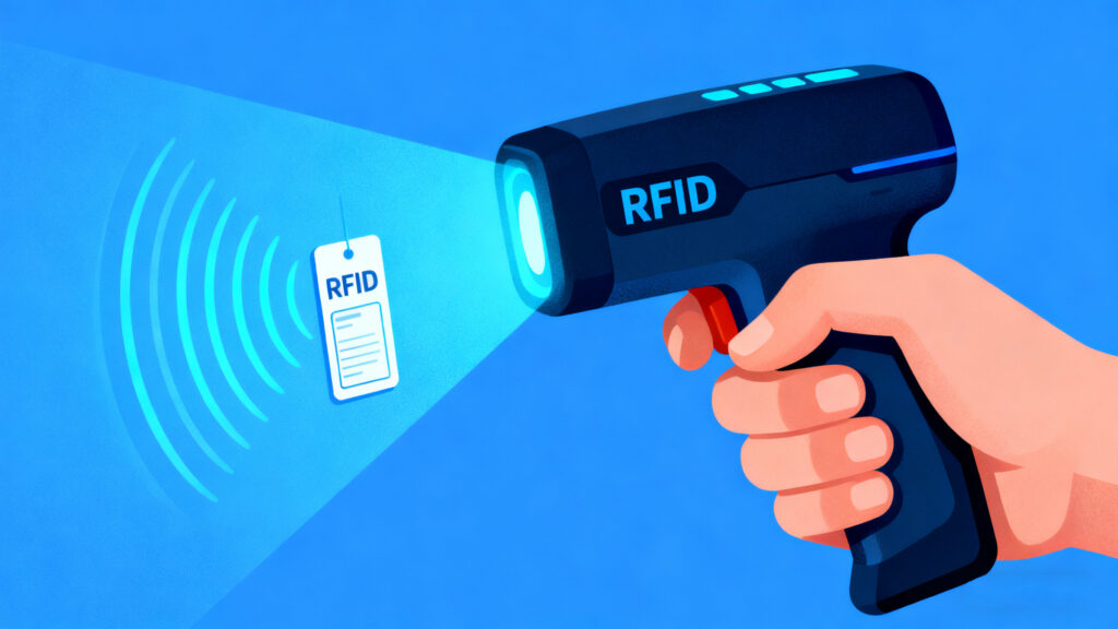 handheld RFID reader emitting radio waves scanning RFID tags