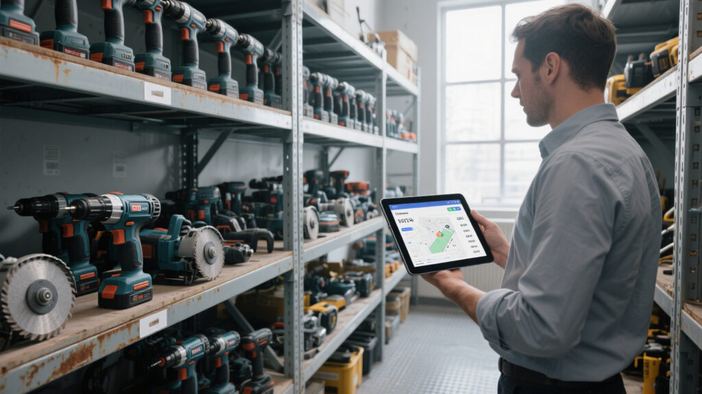 modern tool storage rfid room with shelves of power tool