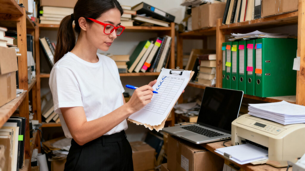 office staff manually checking assets with paper checklist