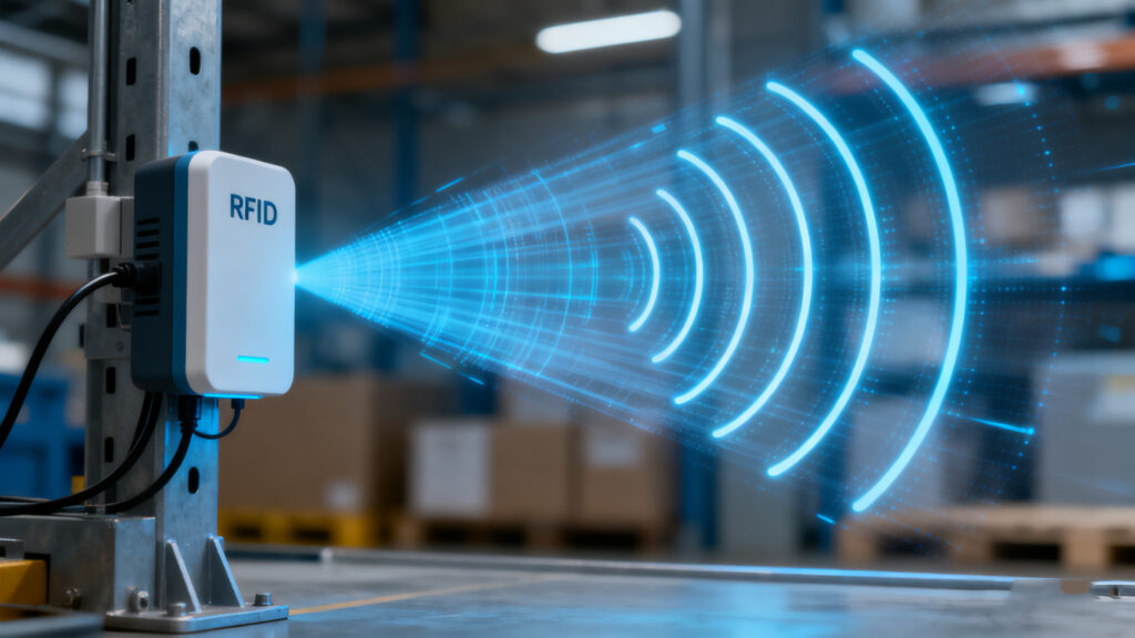 rfid reader emitting signals, antenna forming a read zone