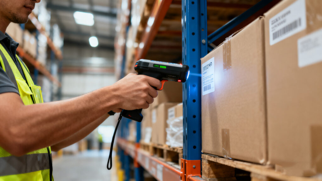 technician using RFID handheld reader to scan equipment