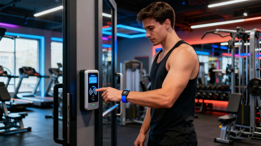 member tapping RFID wristband or tag on the rfid access reader