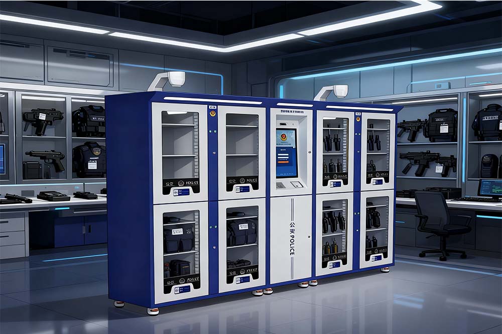 modern law enforcement equipment room with smart RFID police equipment cabinet