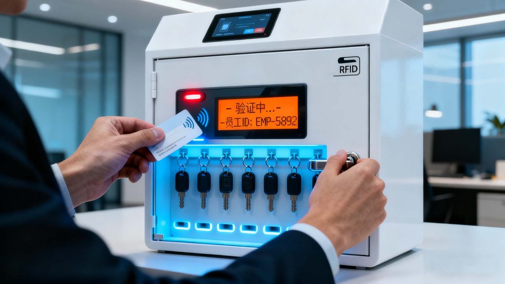 scanning RFID card to unlock secure electronic key cabinet