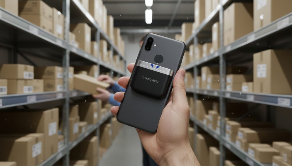 Technician using a CK-B4L magnetically attached to the back of an Android phone, shown at a 45-degree angle during item verification.