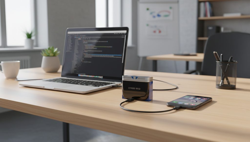 CYKEO CK-B4L positioned at a 45° angle next to a laptop and Android phone in a developer workspace.