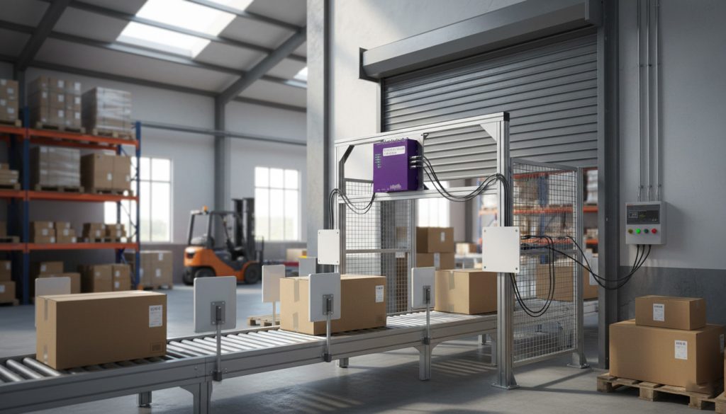 CK-R8L installed at a warehouse gate with antennas capturing tags on passing goods.