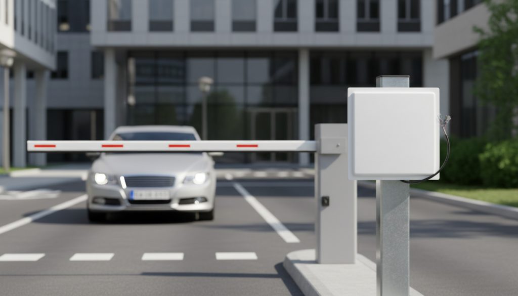 CYKEO CK-A12 12dBi RFID Antenna for Long-Range Industrial Applications 2 CYKEO A-12 mounted at a parking entrance reading RFID vehicle tags.