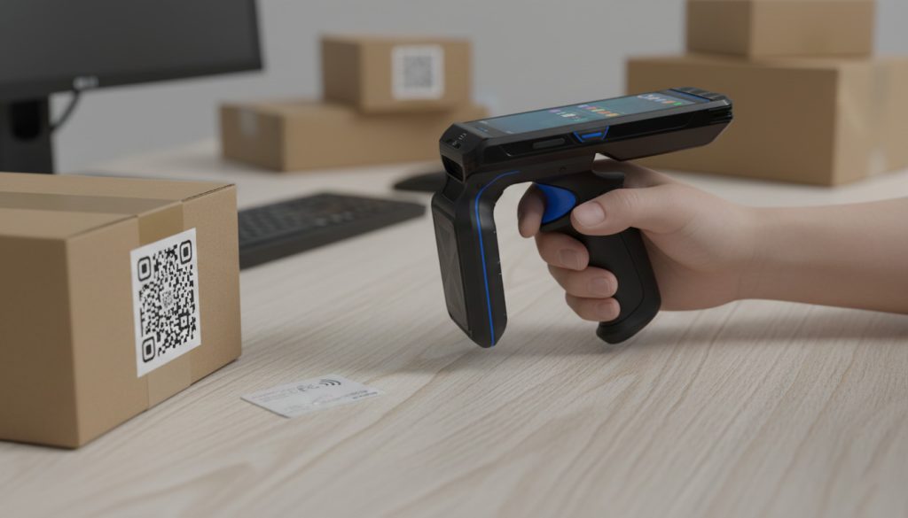 Close view of CK-B3L scanning a QR code and reading an NFC card on a workstation.