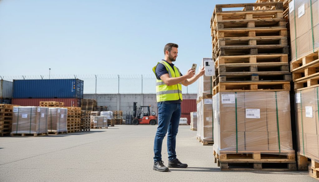 CYKEO CK-B5L: The RFID Tag Reader iPhone That Actually Works in Real Systems 2 Worker scanning RFID pallets with iPhone and CK-B5L outdoors