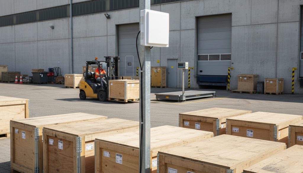 CYKEO CK-A12 12dBi RFID Antenna for Long-Range Industrial Applications 3 CYKEO A-12 UHF antenna installed outdoors tracking tagged assets.