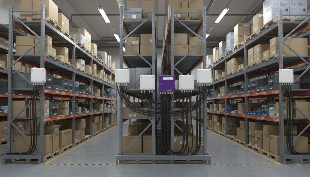 Fixed UHF RFID reader monitoring warehouse shelves