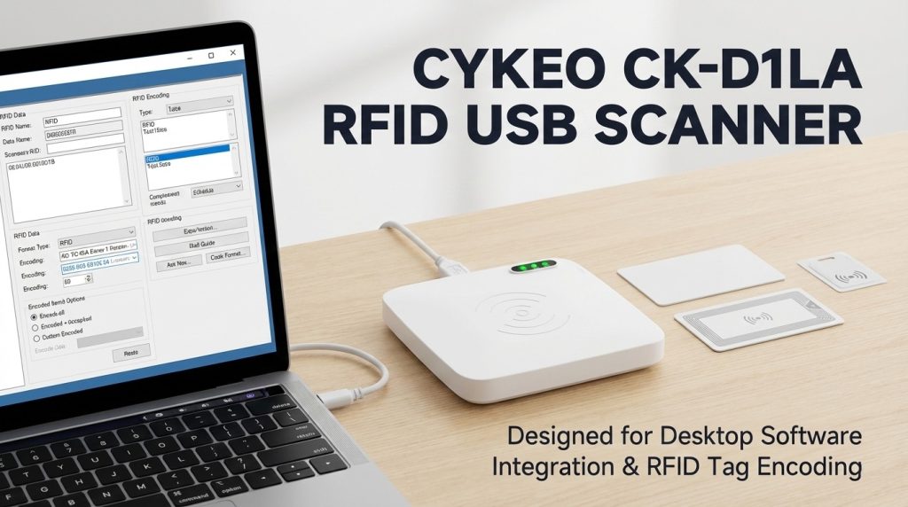 CYKEO RFID USB Scanner for Desktop Tag Encoding and Software Integration 2 CYKEO RFID USB scanner connected to computer via USB Type-C
