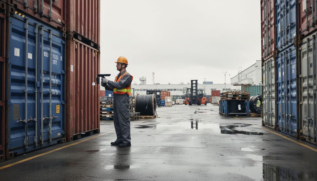 Technician using a CYKEO uhf rfid bluetooth handheld reader for outdoor asset inspection.