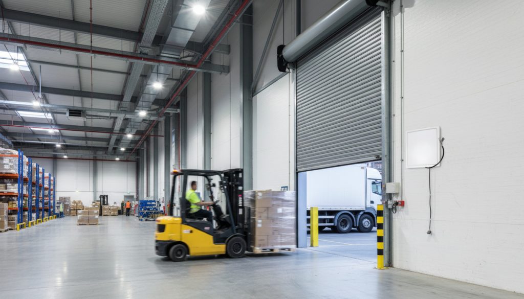 CYKEO CK-A12 12dBi RFID Antenna for Long-Range Industrial Applications 4 A-12 RFID antenna installed at dock door for pallet tracking.