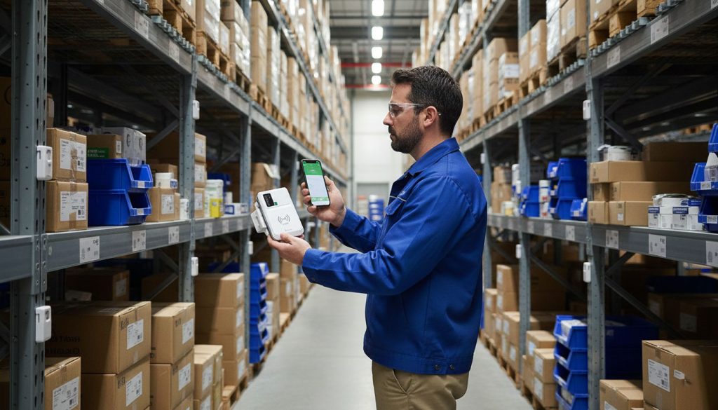 CYKEO CK-B5L: The RFID Tag Reader iPhone That Actually Works in Real Systems 3 Worker scanning RFID tags near metal racks using iPhone and CK-B5L