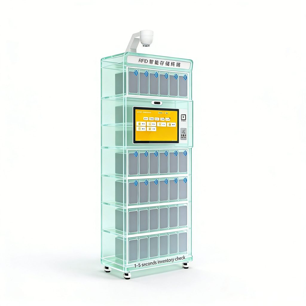 Internal structure of CK-GC120 RFID cabinet showing 72 independent RFID units enabling fast inventory checks within 1 to 5 seconds.
