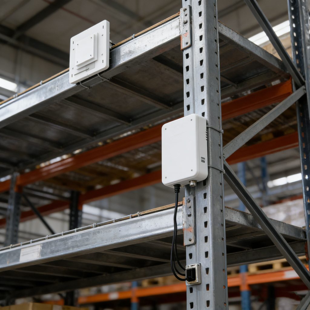 Automated warehouse RFID inventory tracking using Cykeo Long-Range UHF RFID Reader and integrated antennas.