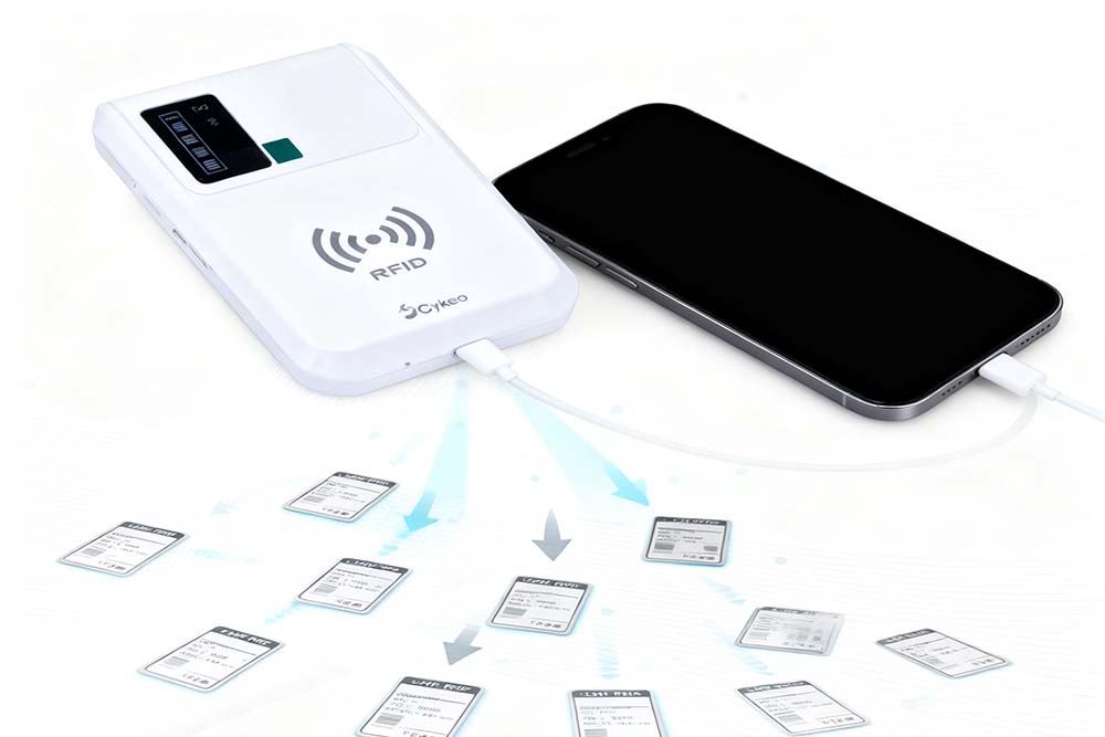 portable UHF RFID reader connected iPhone reading multiple UHF tags