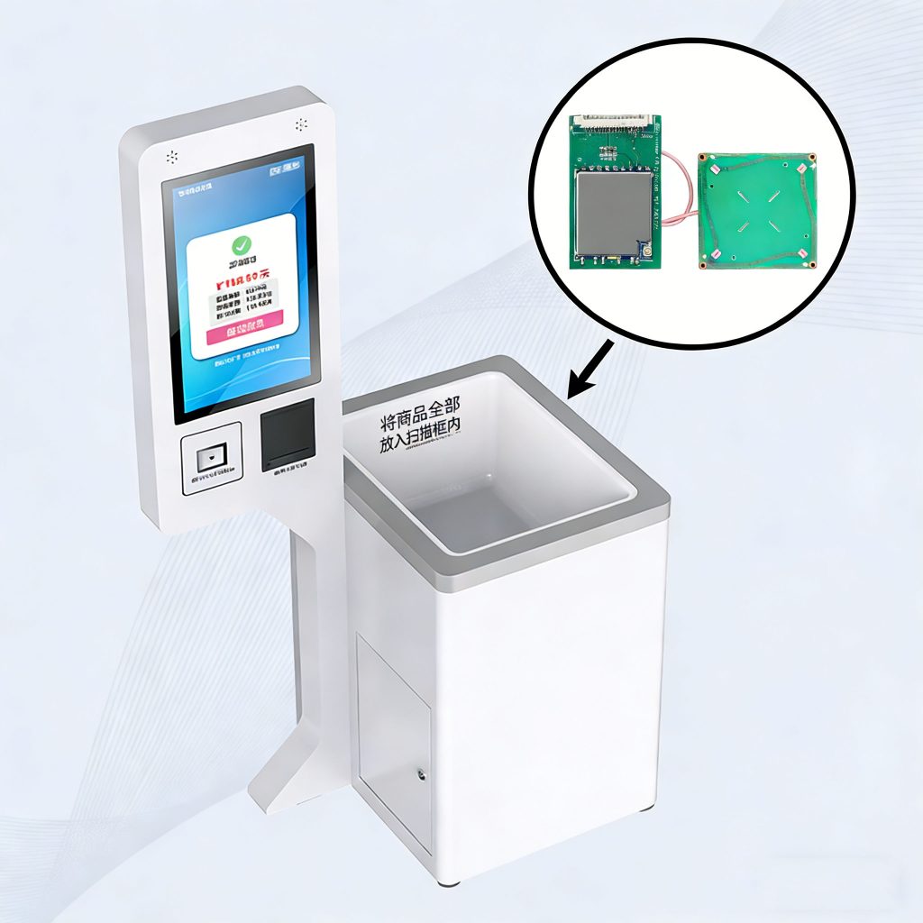 RFID reader and antenna integrated into custom kiosk for retail self-checkout solutions