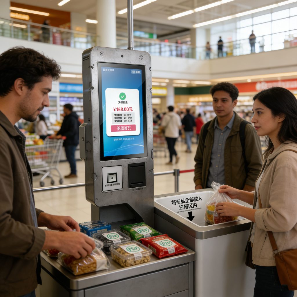 CK-DP11B RFID self-checkout kiosk used in a shopping mall for unattended customer checkout