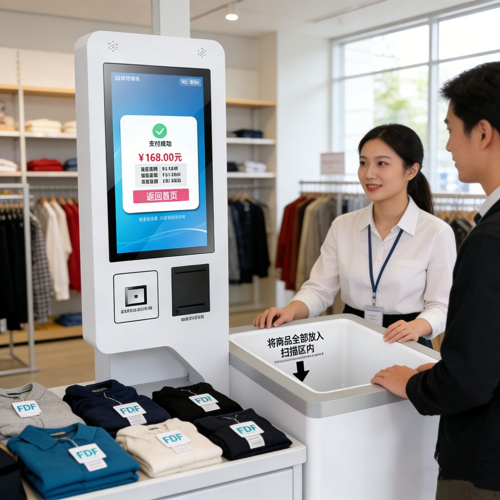 Self-service checkout kiosk scanning multiple garments with RFID tags in a clothing retail environment