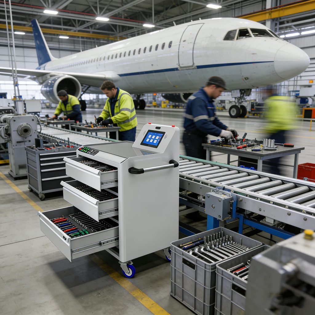Industrial RFID tool control cart supporting tool tracking and control on a manufacturing assembly line