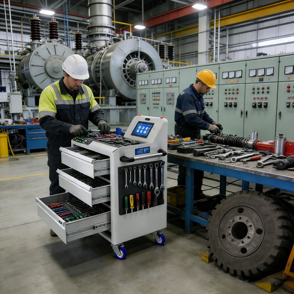 RFID tool control cart used for maintenance tool tracking in a power plant workshop environment