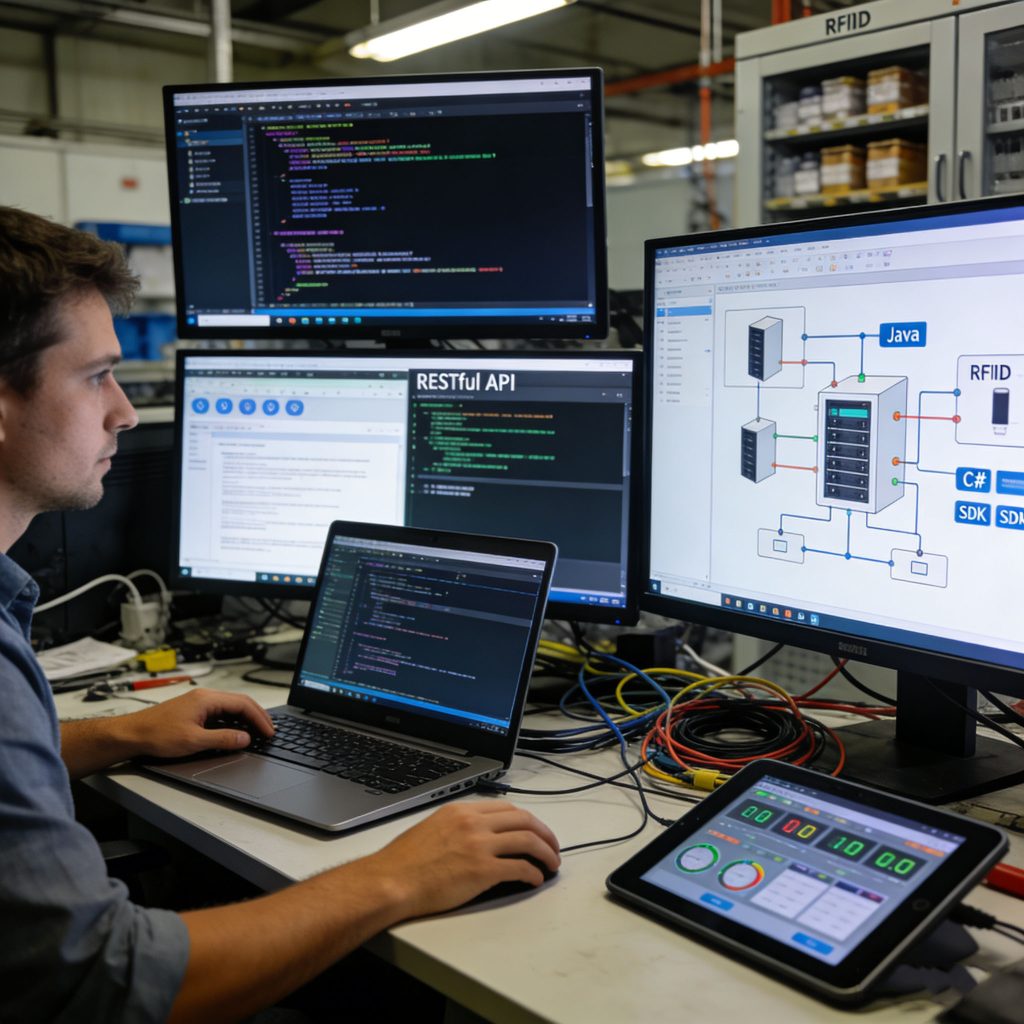 Software developer workspace showing Java and C# code, RESTful API, and SDK integration for RFID tool management systems