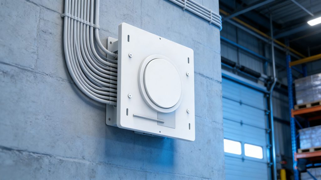 What Exactly Is RFID Hardware? A Simple Breakdown of Tags, Readers, and Antennas 3 RFID panel antenna mounted on a warehouse wall