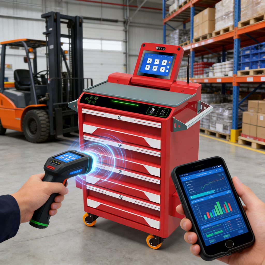Warehouse using CK-GTC4A RFID tool carts for real-time inventory management, tools being scanned automatically
