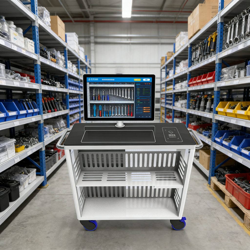 CK-C2 scanning tools on warehouse shelves, real-time inventory data on tablet