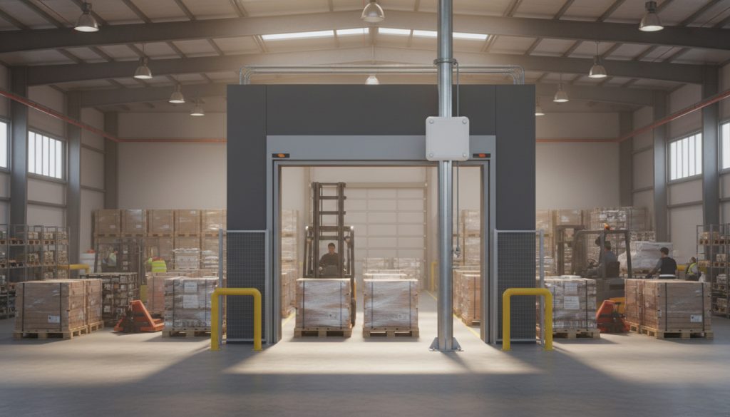 CK-A9 UHF RFID Antenna mounted on warehouse gate scanning cartons on pallets.