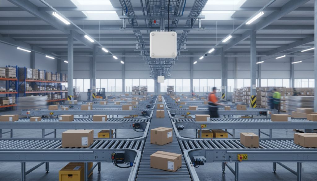 CK-A9 mounted in a logistics sorting line reading UHF RFID tags on moving parcels.