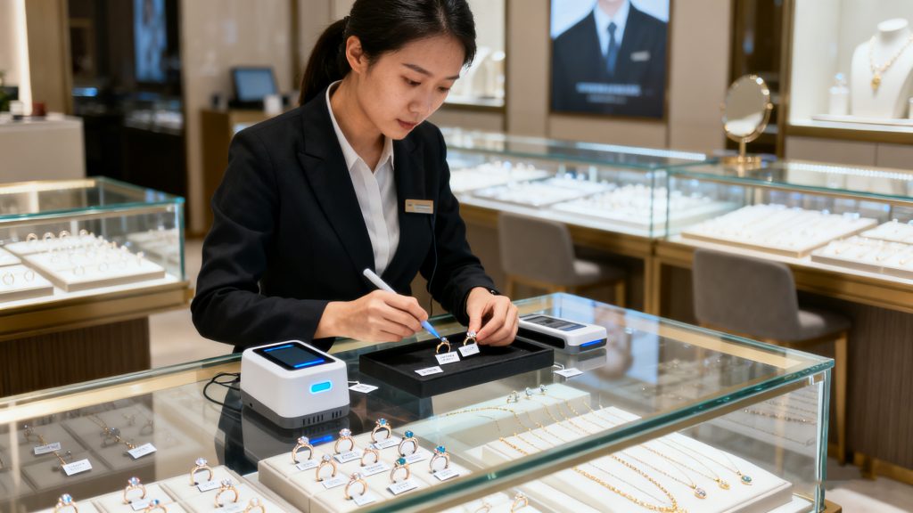 CK-BQ6826 Jewelry UHF RFID Tag Moving Jewelry Management from Guesswork to Data-Driven Control 2 jewelry store staff scanning jewelry items