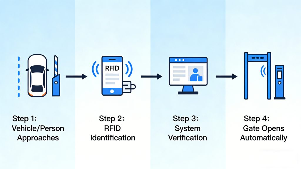 RFID gate system workflow showing contactless entry