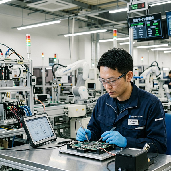 Manufacturing engineer using RFID ceiling system in smart factory