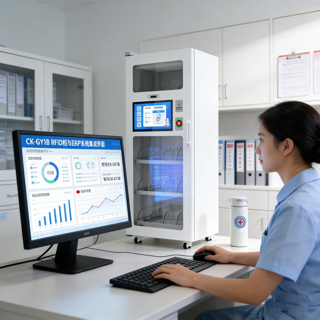 ERP and IoT integration of CK-GY1B Medical RFID Cabinet, showing real-time inventory monitoring in a hospital environment.